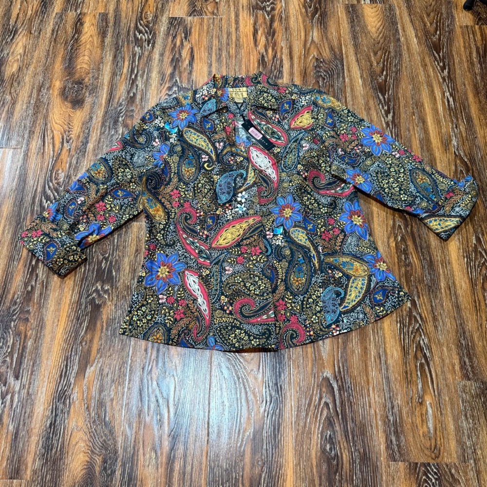 NWT Investments Gold Label Women's Paisley No Iron Button Down Shirt 14 Cotton